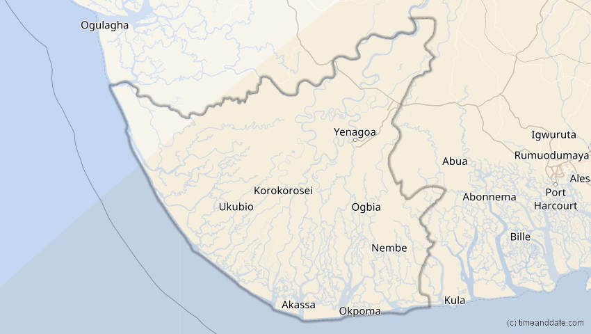 A map of Bayelsa, Nigeria, showing the path of the 25. Nov 2030 Totale Sonnenfinsternis