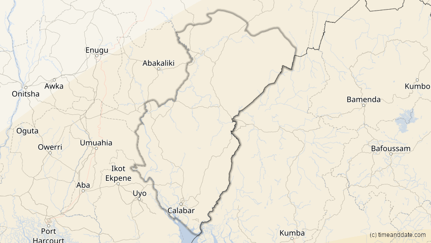 A map of Cross River, Nigeria, showing the path of the 25. Nov 2030 Totale Sonnenfinsternis
