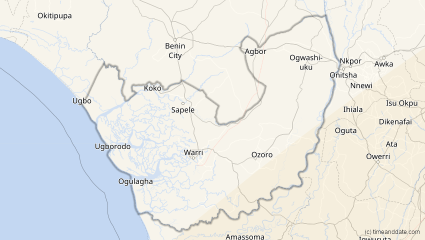A map of Delta, Nigeria, showing the path of the 25. Nov 2030 Totale Sonnenfinsternis