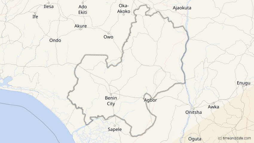 A map of Edo, Nigeria, showing the path of the 25. Nov 2030 Totale Sonnenfinsternis