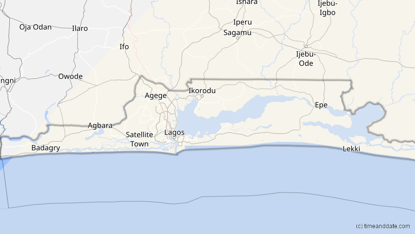 A map of Lagos, Nigeria, showing the path of the 25. Nov 2030 Totale Sonnenfinsternis