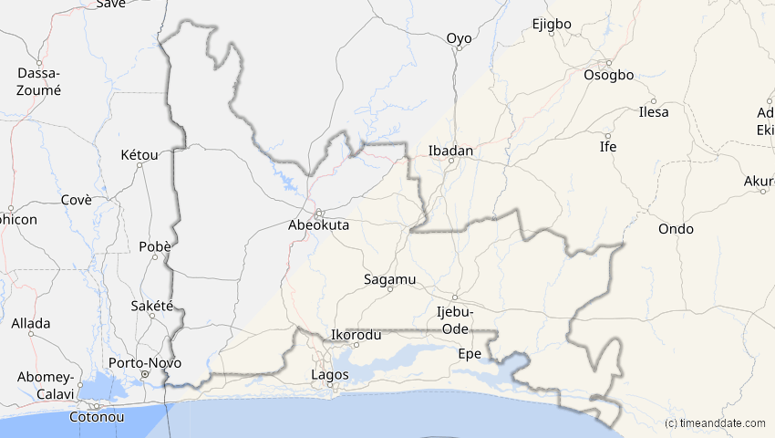 A map of Ogun, Nigeria, showing the path of the 25. Nov 2030 Totale Sonnenfinsternis