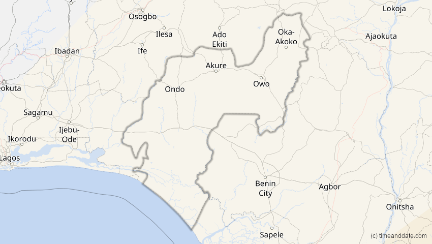 A map of Ondo, Nigeria, showing the path of the 25. Nov 2030 Totale Sonnenfinsternis