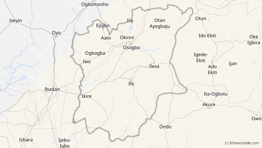 A map of Osun, Nigeria, showing the path of the 25. Nov 2030 Totale Sonnenfinsternis