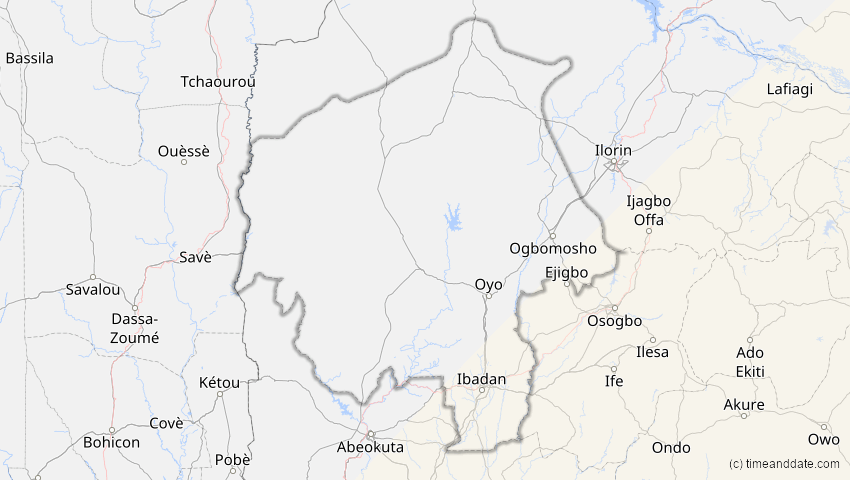 A map of Oyo, Nigeria, showing the path of the 25. Nov 2030 Totale Sonnenfinsternis