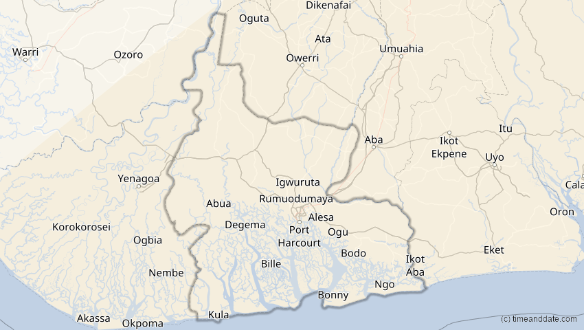 A map of Rivers, Nigeria, showing the path of the 25. Nov 2030 Totale Sonnenfinsternis