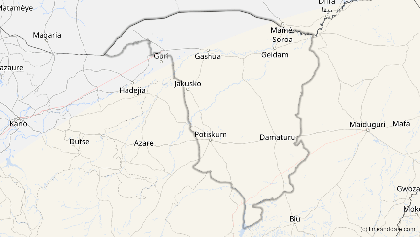A map of Yobe, Nigeria, showing the path of the 25. Nov 2030 Totale Sonnenfinsternis
