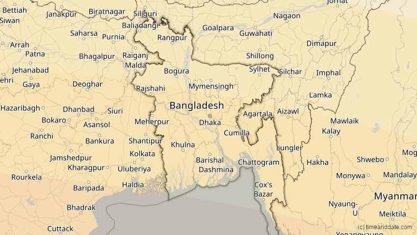 A map of Bangladesch, showing the path of the 21. Mai 2031 Ringförmige Sonnenfinsternis