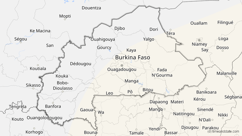A map of Burkina Faso, showing the path of the 21. Mai 2031 Ringförmige Sonnenfinsternis