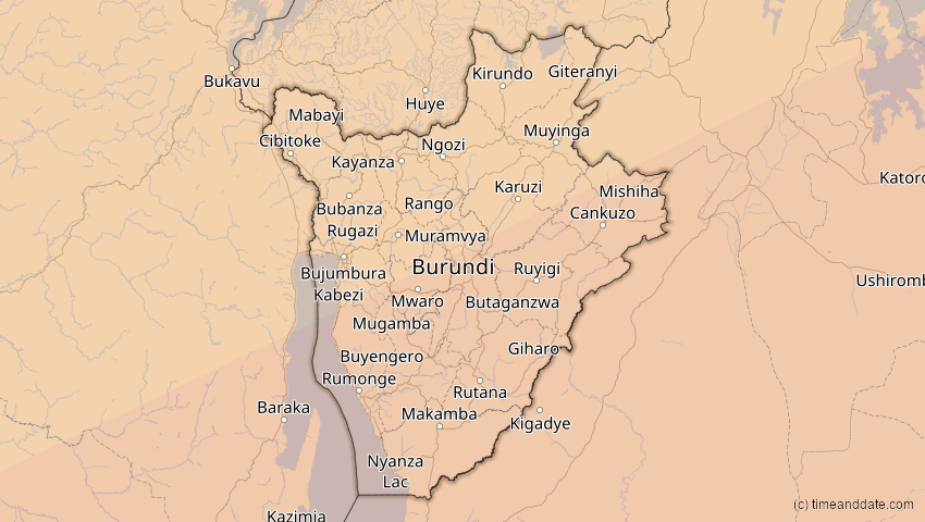 A map of Burundi, showing the path of the 21. Mai 2031 Ringförmige Sonnenfinsternis