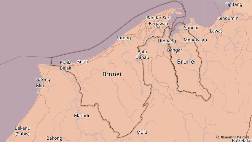 A map of Brunei, showing the path of the 21. Mai 2031 Ringförmige Sonnenfinsternis
