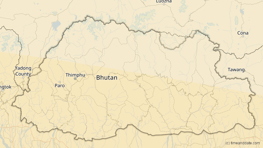 A map of Bhutan, showing the path of the 21. Mai 2031 Ringförmige Sonnenfinsternis
