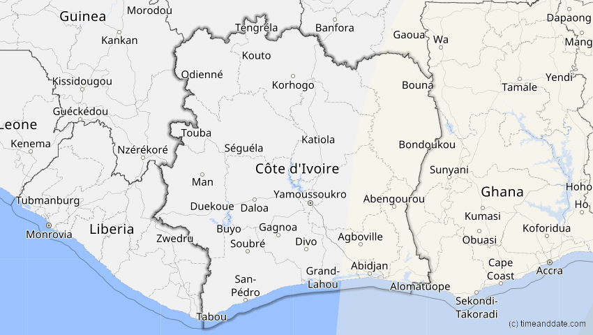 A map of Elfenbeinküste (Côte d'Ivoire), showing the path of the 21. Mai 2031 Ringförmige Sonnenfinsternis