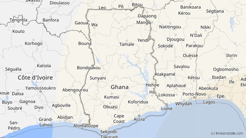 A map of Ghana, showing the path of the 21. Mai 2031 Ringförmige Sonnenfinsternis