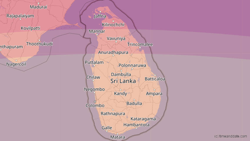 A map of Sri Lanka, showing the path of the 21. Mai 2031 Ringförmige Sonnenfinsternis