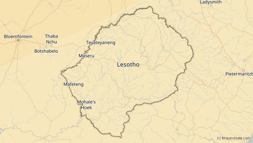 A map of Lesotho, showing the path of the 21. Mai 2031 Ringförmige Sonnenfinsternis