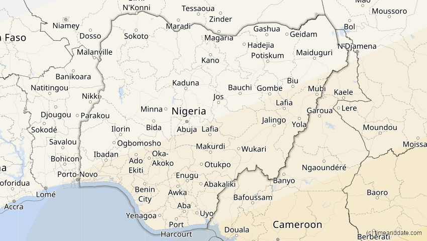 A map of Nigeria, showing the path of the 21. Mai 2031 Ringförmige Sonnenfinsternis