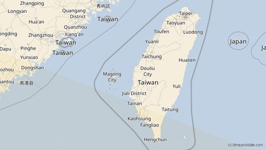 A map of Taiwan, showing the path of the 21. Mai 2031 Ringförmige Sonnenfinsternis