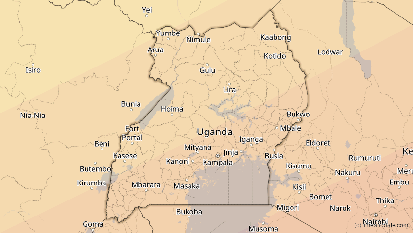 A map of Uganda, showing the path of the 21. Mai 2031 Ringförmige Sonnenfinsternis