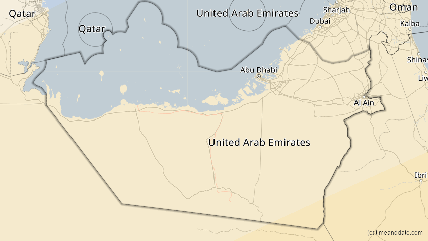 A map of Abu Dhabi, Vereinigte Arabische Emirate, showing the path of the 21. Mai 2031 Ringförmige Sonnenfinsternis