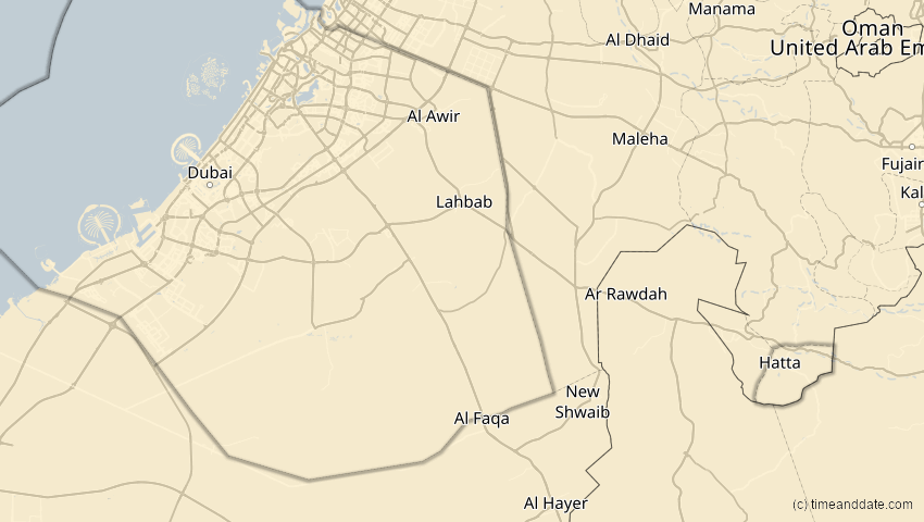 A map of Dubai, Vereinigte Arabische Emirate, showing the path of the 21. Mai 2031 Ringförmige Sonnenfinsternis