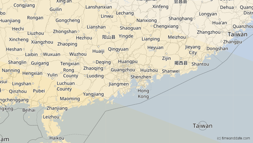 A map of Guangdong, China, showing the path of the 21. Mai 2031 Ringförmige Sonnenfinsternis