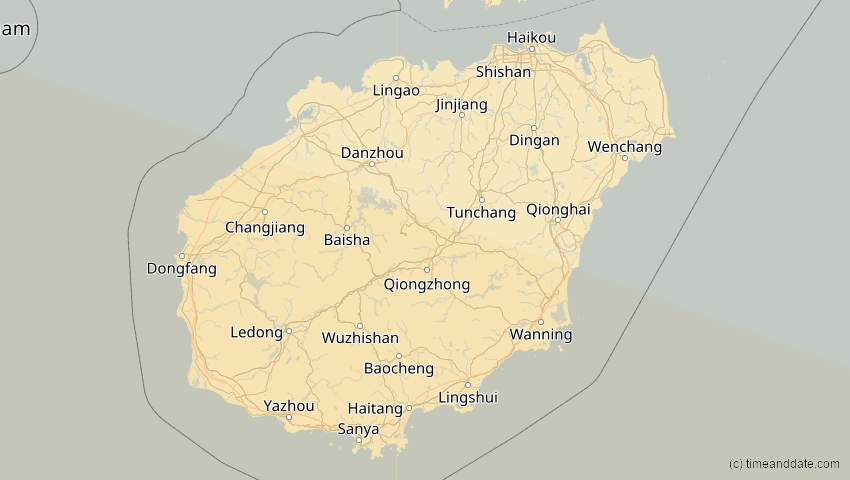 A map of Hainan, China, showing the path of the 21. Mai 2031 Ringförmige Sonnenfinsternis