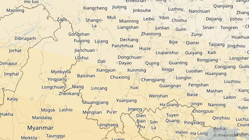A map of Yunnan, China, showing the path of the 21. Mai 2031 Ringförmige Sonnenfinsternis
