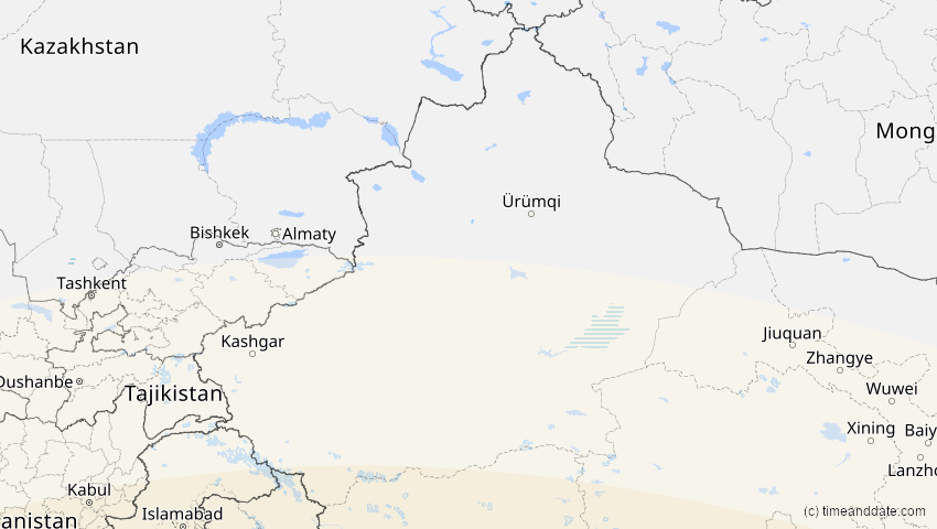 A map of Xinjiang, China, showing the path of the 21. Mai 2031 Ringförmige Sonnenfinsternis