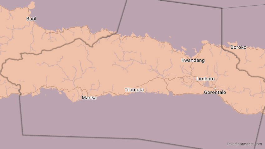 A map of Gorontalo, Indonesien, showing the path of the 21. Mai 2031 Ringförmige Sonnenfinsternis