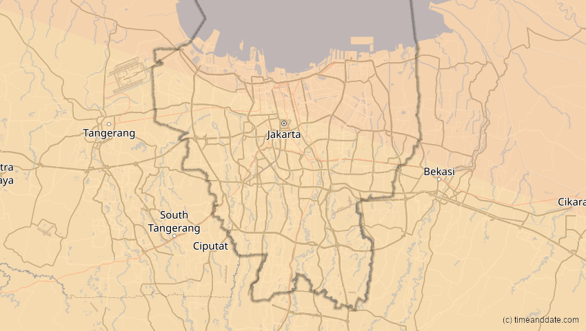 A map of Jakarta Hauptstadtdistrikt, Indonesien, showing the path of the 21. Mai 2031 Ringförmige Sonnenfinsternis