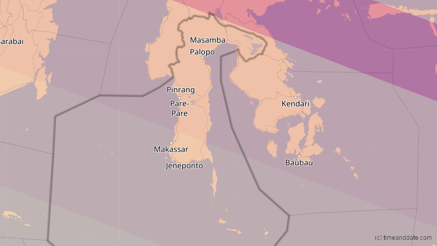 A map of Sulawesi Selatan, Indonesien, showing the path of the 21. Mai 2031 Ringförmige Sonnenfinsternis
