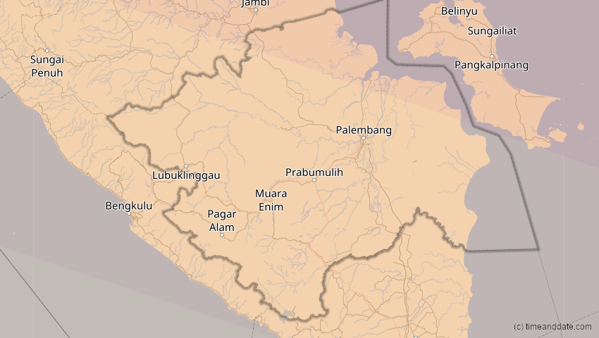 A map of Sumatera Selatan, Indonesien, showing the path of the 21. Mai 2031 Ringförmige Sonnenfinsternis