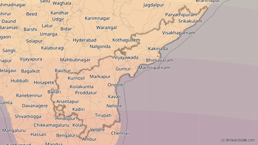 A map of Andhra Pradesh, Indien, showing the path of the 21. Mai 2031 Ringförmige Sonnenfinsternis