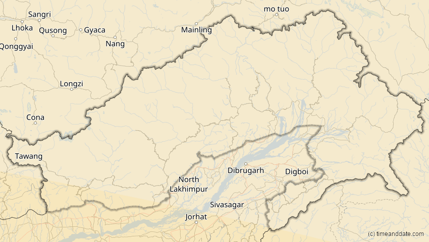 A map of Arunachal Pradesh, Indien, showing the path of the 21. Mai 2031 Ringförmige Sonnenfinsternis