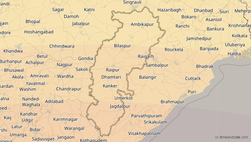 A map of Chhattisgarh, Indien, showing the path of the 21. Mai 2031 Ringförmige Sonnenfinsternis
