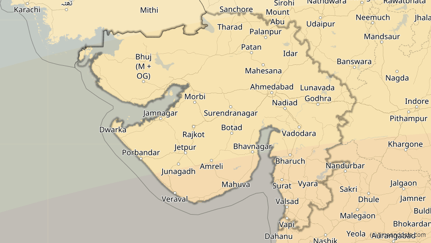 A map of Gujarat, Indien, showing the path of the 21. Mai 2031 Ringförmige Sonnenfinsternis