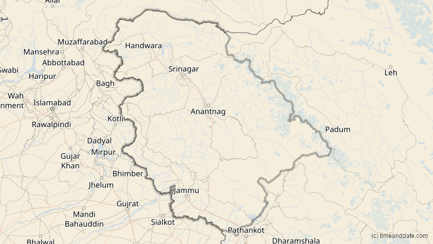 A map of Jammu und Kashmir, Indien, showing the path of the 21. Mai 2031 Ringförmige Sonnenfinsternis