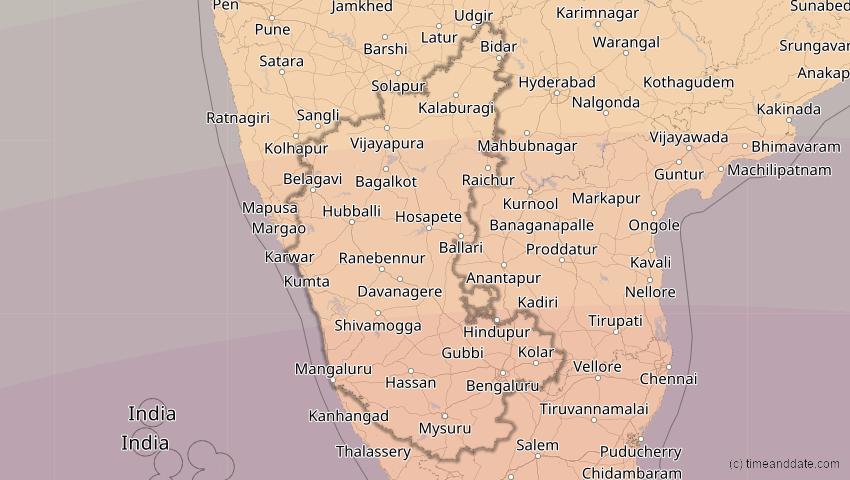 A map of Karnataka, Indien, showing the path of the 21. Mai 2031 Ringförmige Sonnenfinsternis