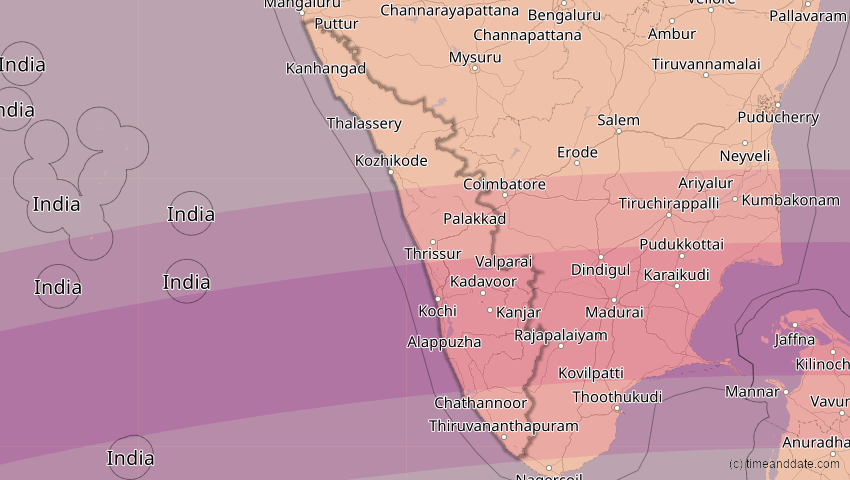 A map of Kerala, Indien, showing the path of the 21. Mai 2031 Ringförmige Sonnenfinsternis