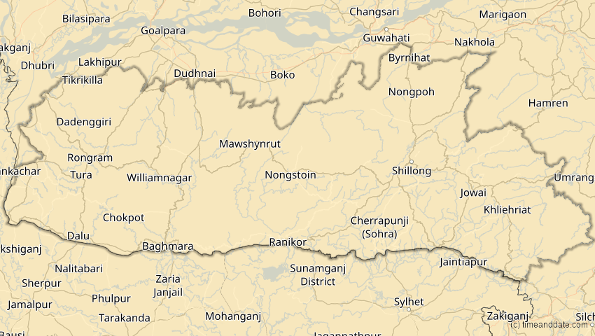 A map of Meghalaya, Indien, showing the path of the 21. Mai 2031 Ringförmige Sonnenfinsternis
