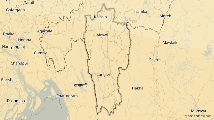 A map of Mizoram, Indien, showing the path of the 21. Mai 2031 Ringförmige Sonnenfinsternis