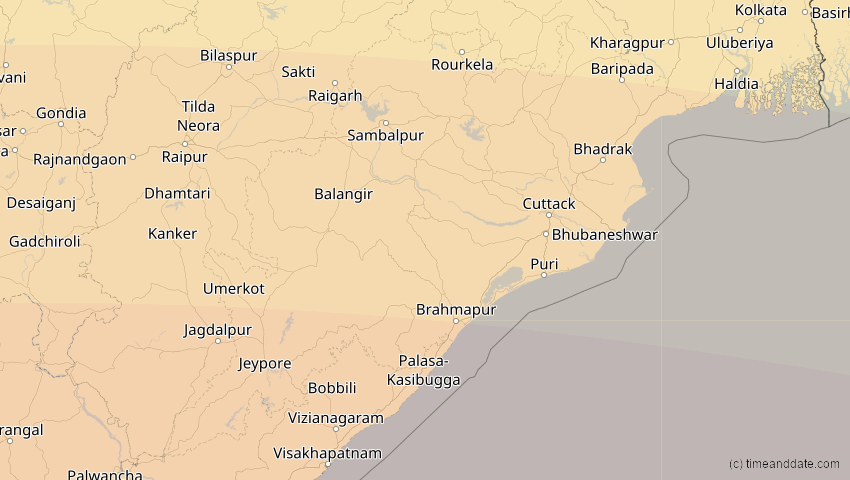 A map of Odisha, Indien, showing the path of the 21. Mai 2031 Ringförmige Sonnenfinsternis