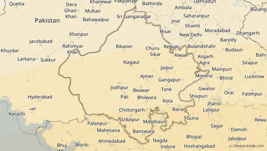 A map of Rajasthan, Indien, showing the path of the 21. Mai 2031 Ringförmige Sonnenfinsternis