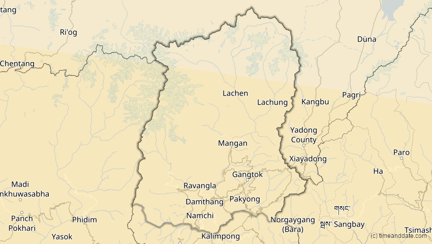 A map of Sikkim, Indien, showing the path of the 21. Mai 2031 Ringförmige Sonnenfinsternis