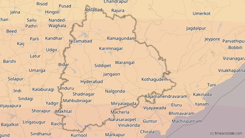 A map of Telangana, Indien, showing the path of the 21. Mai 2031 Ringförmige Sonnenfinsternis
