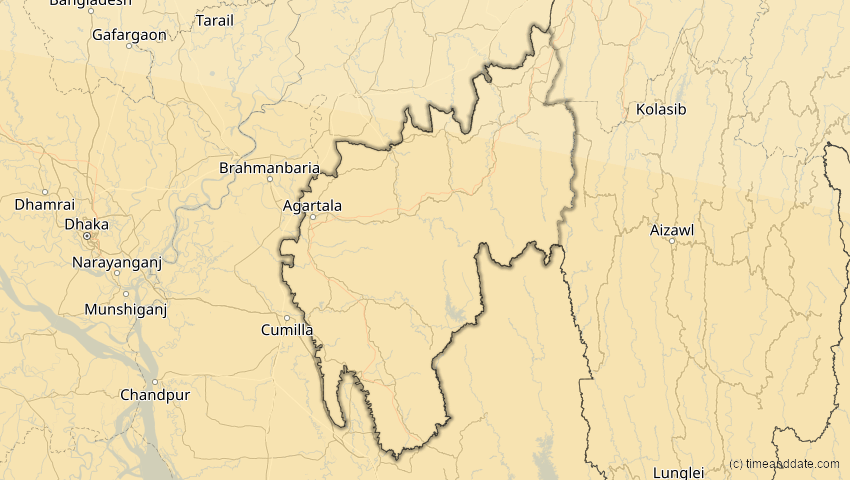 A map of Tripura, Indien, showing the path of the 21. Mai 2031 Ringförmige Sonnenfinsternis