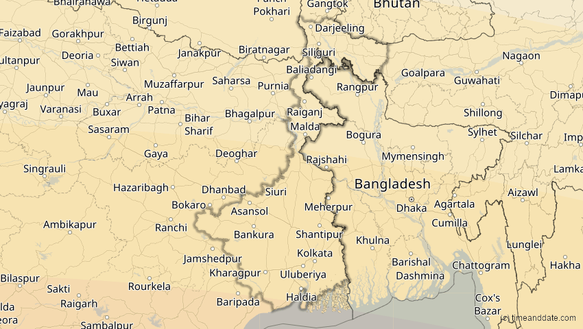 A map of Westbengalen, Indien, showing the path of the 21. Mai 2031 Ringförmige Sonnenfinsternis