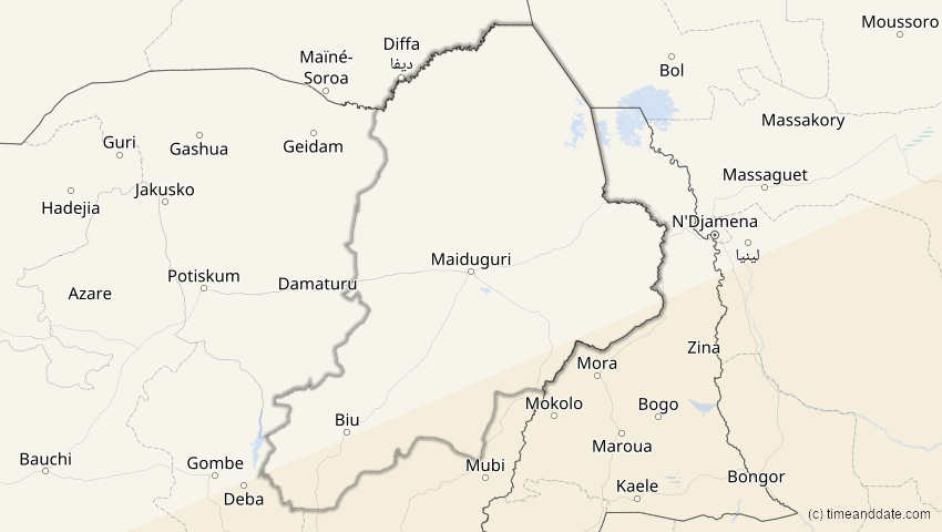 A map of Borno, Nigeria, showing the path of the 21. Mai 2031 Ringförmige Sonnenfinsternis