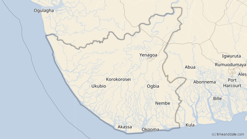A map of Bayelsa, Nigeria, showing the path of the 21. Mai 2031 Ringförmige Sonnenfinsternis